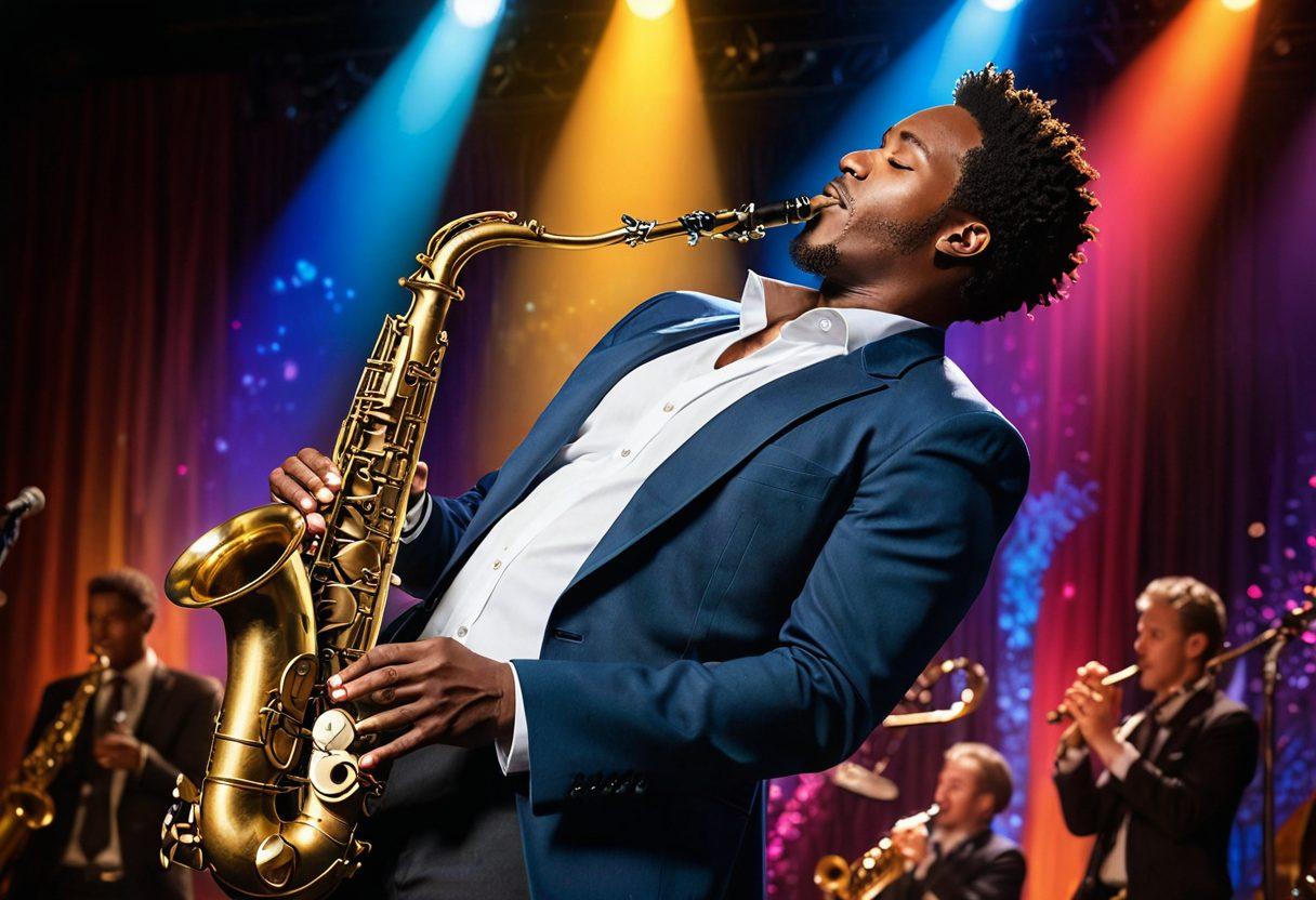 A dynamic saxophonist passionately playing on stage with colorful lights illuminating the scene. In the background, a diverse audience is captured in admiration, with music notes floating in the air. The saxophone shines, reflecting the vibrant atmosphere, symbolizing the journey from tutorials to live performances. Art style inspired by jazz concert posters. vibrant colors. 3D.