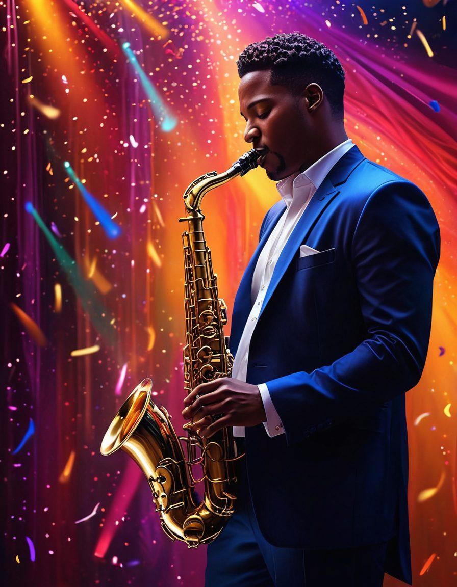 A vibrant scene of a passionate saxophonist playing under colorful stage lights, surrounded by swirling musical notes and sheet music in the air. Include close-up details of the saxophone with glistening keys and a fiery expression on the musician's face, conveying emotion and the joy of music. The background should be a blend of abstract shapes and bright colors to represent the rhythm and energy of jazz. super-realistic. vibrant colors. 3D.