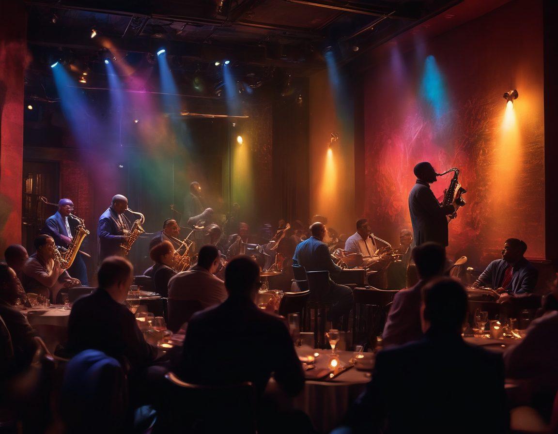 A vibrant jazz scene featuring a passionate saxophone player in a cozy club filled with colorful lights. Include abstract musical notes swirling around, depicting improvisation and creativity in the air. Showcase a diverse audience enjoying the performance, with cozy tables and drinks. The atmosphere is energetic and inviting, emphasizing the essence of jazz. super-realistic. vibrant colors. cozy club setting.